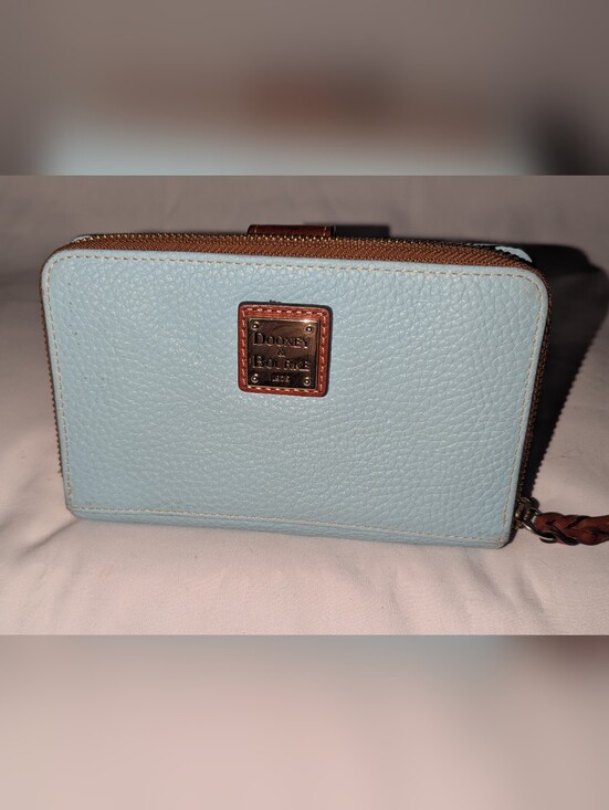 Dooney & Bourke Handbags - Dooney & Bourke Pale Blue Pebbled Leather Zip-Around Wallet with Brown Trim